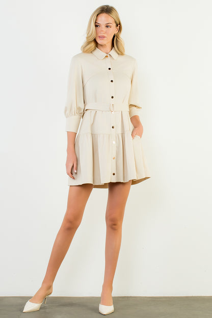 Mid Sleeve Button Up Dress - Cream