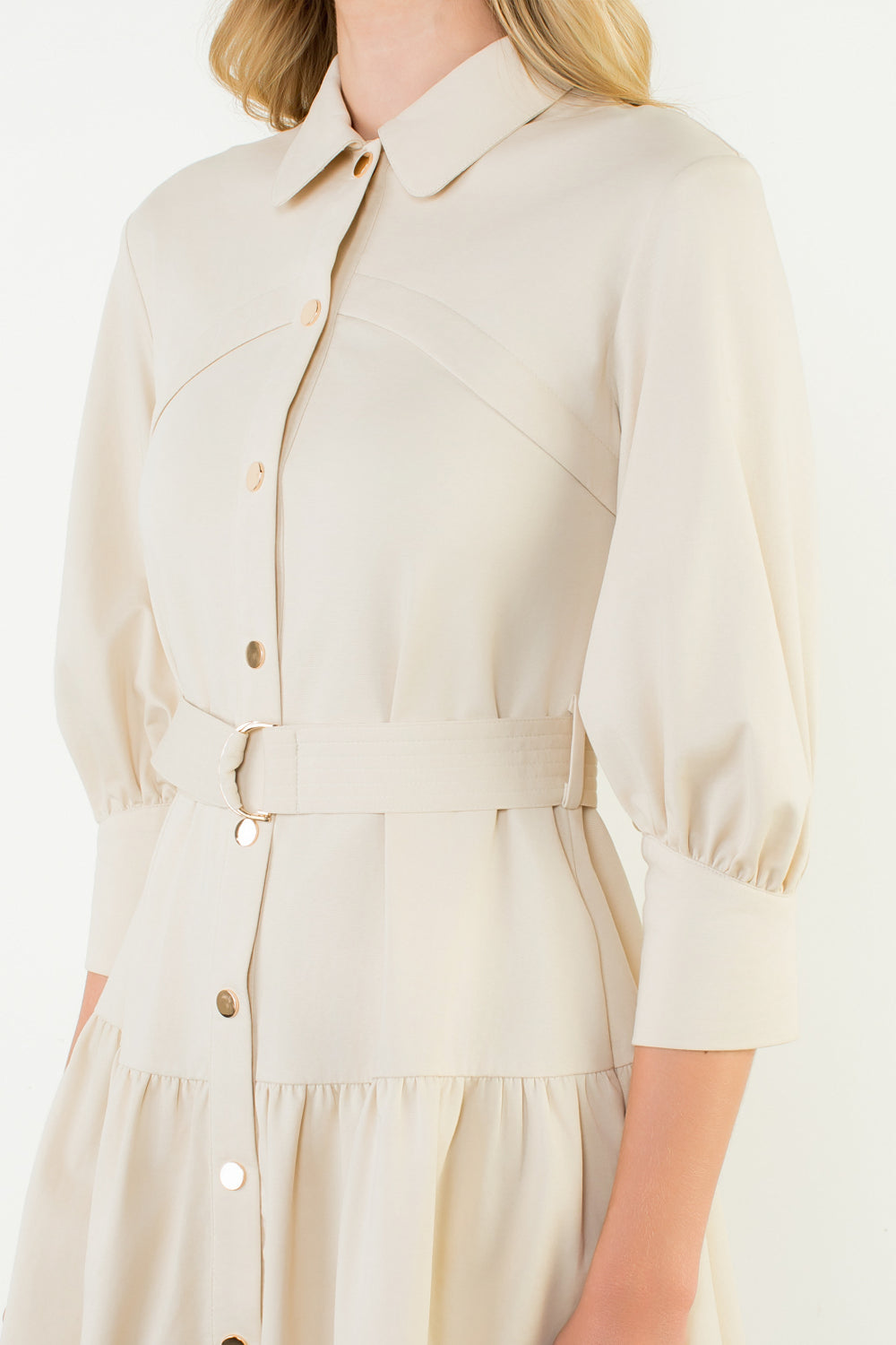 Mid Sleeve Button Up Dress - Cream