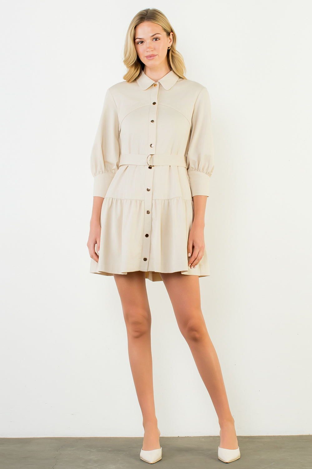 Mid Sleeve Button Up Dress - Cream