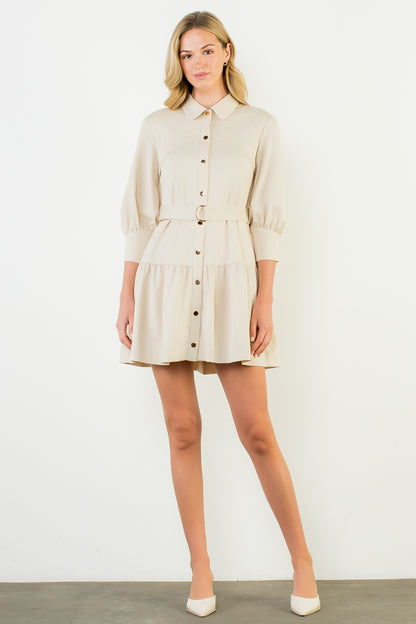 Mid Sleeve Button Up Dress - Cream