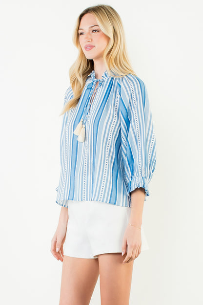 Long Sleeve Striped Pattern Top - Blue