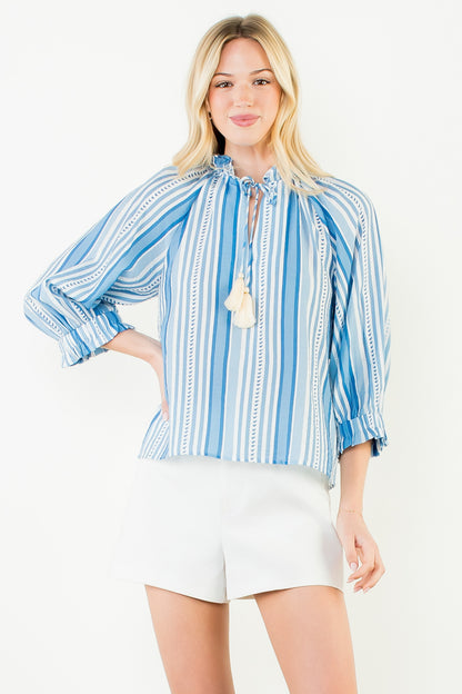 Long Sleeve Striped Pattern Top - Blue