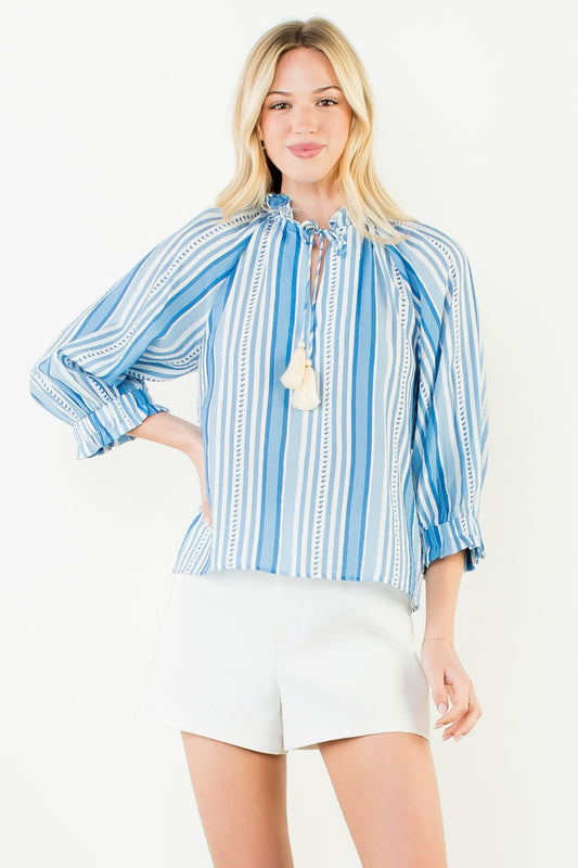 Long Sleeve Striped Pattern Top - Blue
