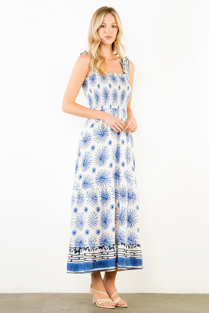 Ruffle Straps Floral Pattern Midi Dress - White