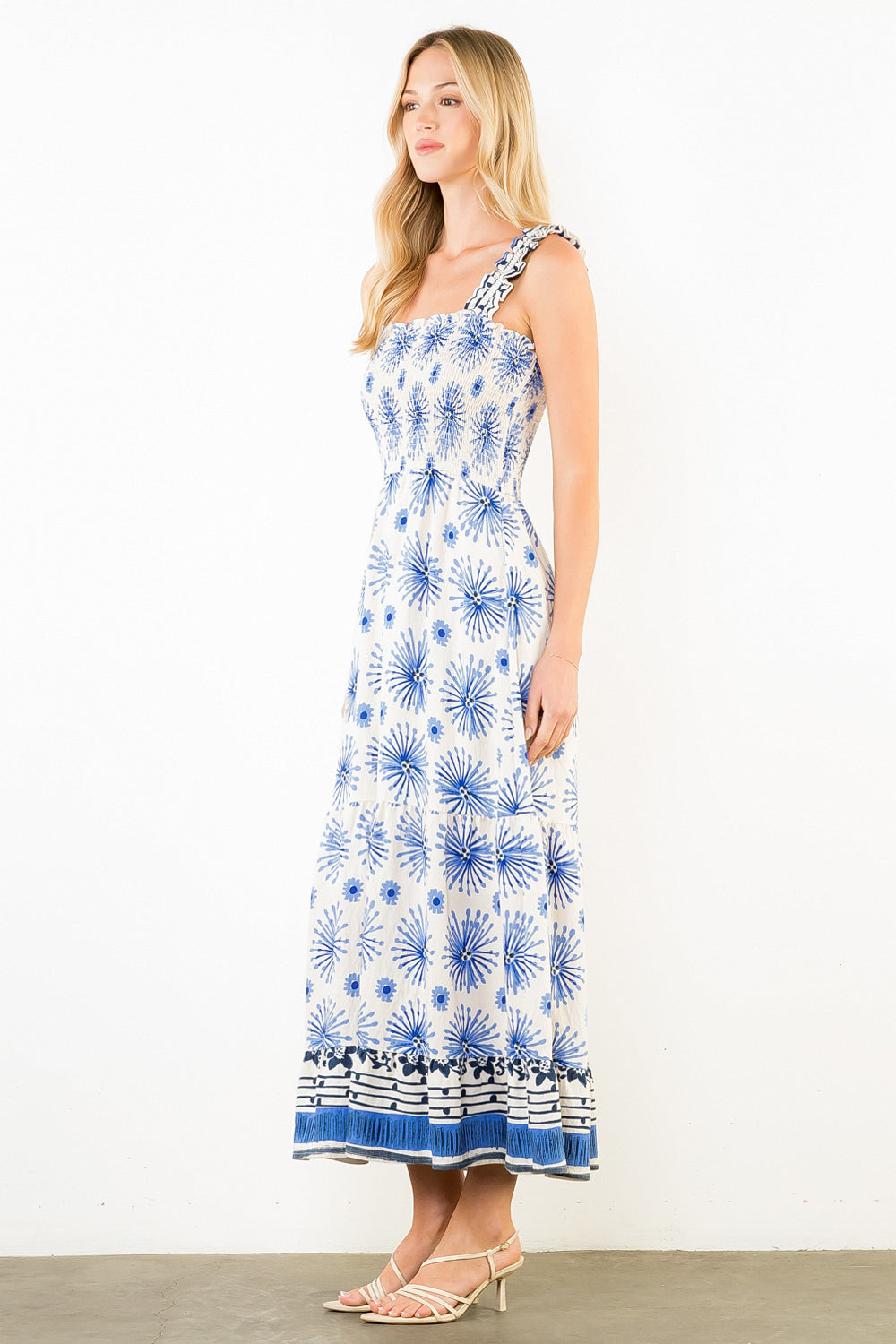 Ruffle Straps Floral Pattern Midi Dress - White