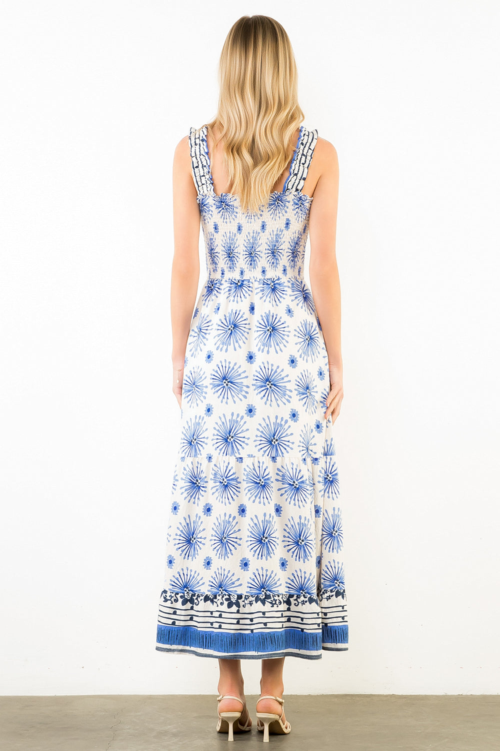 Ruffle Straps Floral Pattern Midi Dress - White