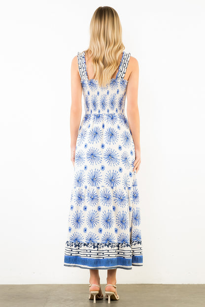 Ruffle Straps Floral Pattern Midi Dress - White