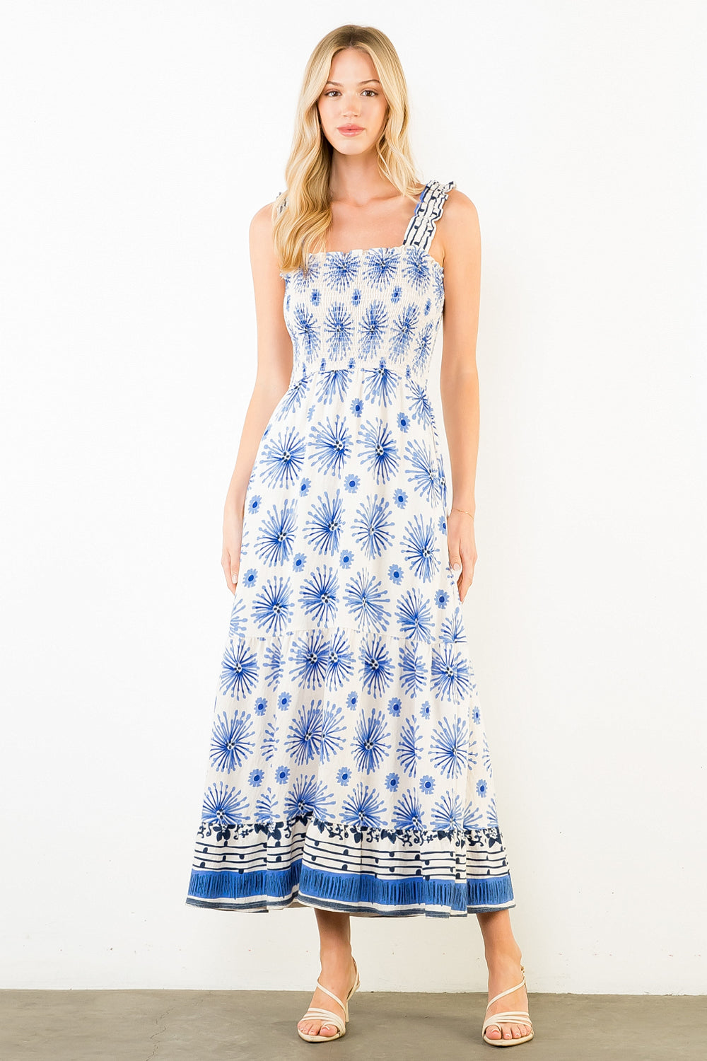 Ruffle Straps Floral Pattern Midi Dress - White