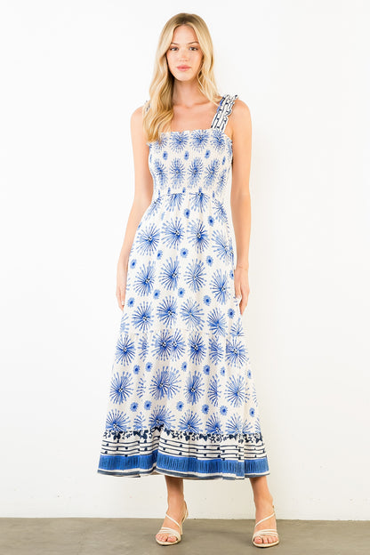 Ruffle Straps Floral Pattern Midi Dress - White