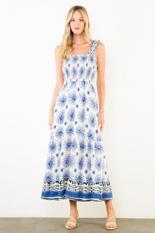 Ruffle Straps Floral Pattern Midi Dress - White