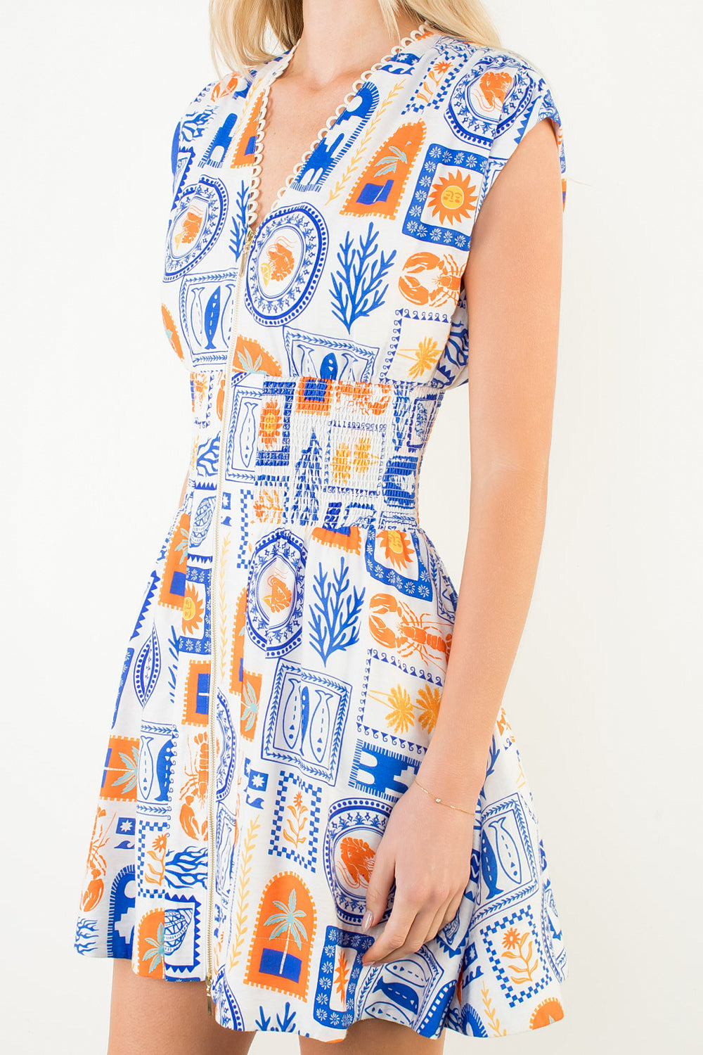 Short Sleeves Pattern Detail Dress - White