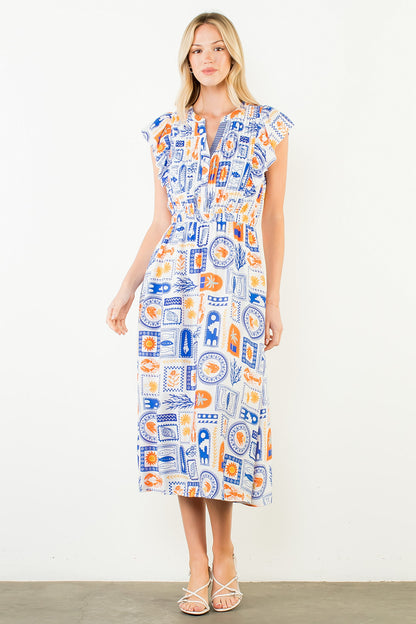 Ruffle Sleeves Pattern Detail Dress - White