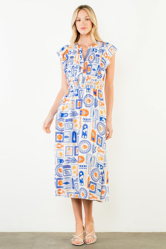 Ruffle Sleeves Pattern Detail Dress - White