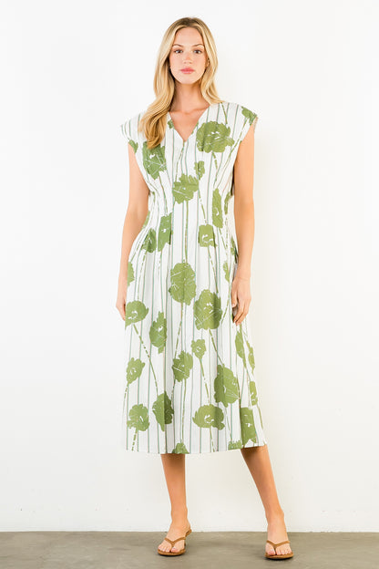 Sleeveless Pattern Detail V-Neck Dress - White