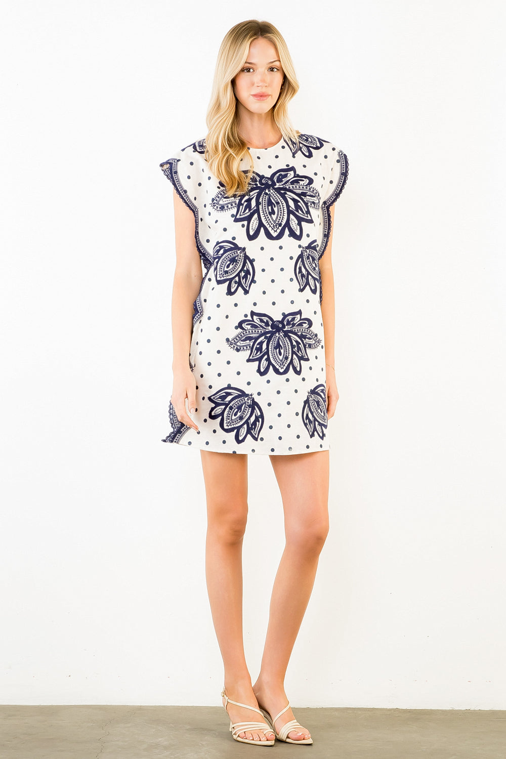 Short Sleeve Floral Embroidery Polka Dot Dress - Cream