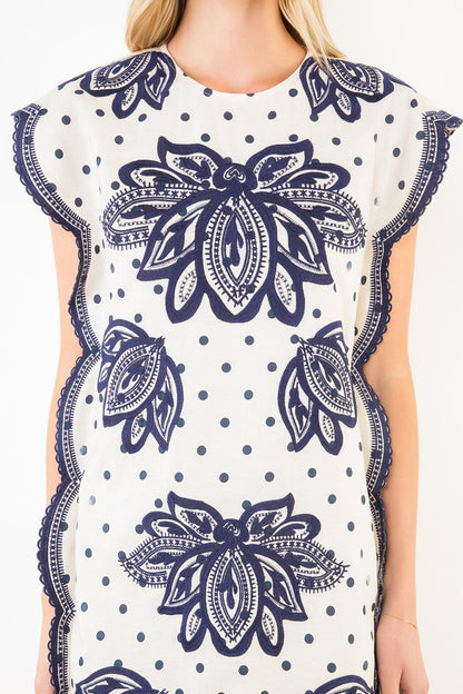 Short Sleeve Floral Embroidery Polka Dot Dress - Cream