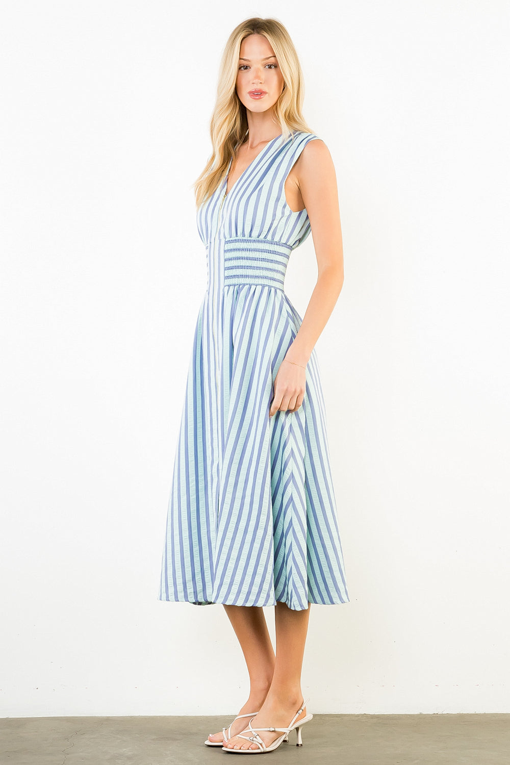 Sleeveless Vertical Stripes Zippered Dress - Blue
