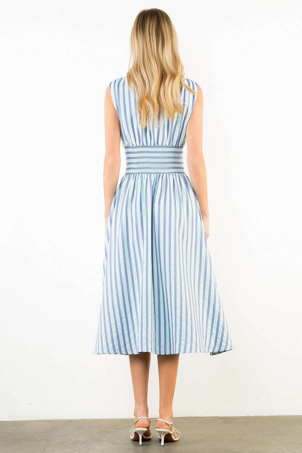 Sleeveless Vertical Stripes Zippered Dress - Blue
