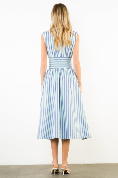 Sleeveless Vertical Stripes Zippered Dress - Blue