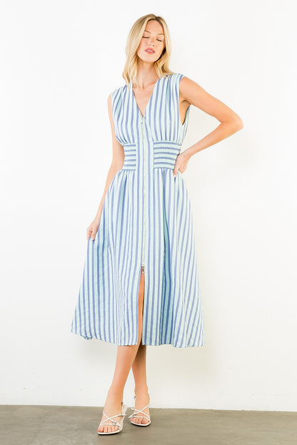 Sleeveless Vertical Stripes Zippered Dress - Blue
