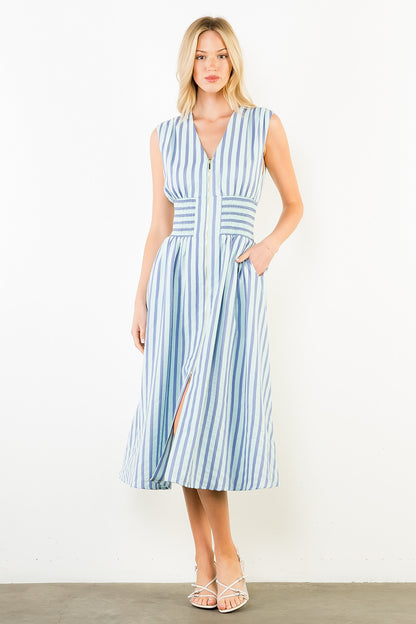 Sleeveless Vertical Stripes Zippered Dress - Blue