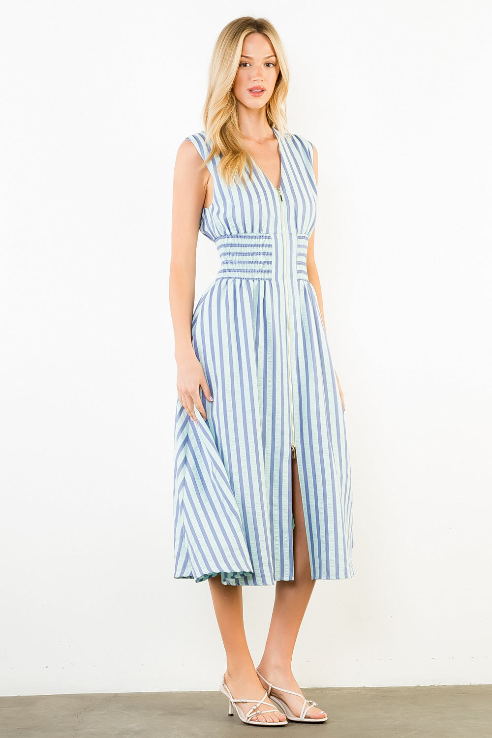 Sleeveless Vertical Stripes Zippered Dress - Blue