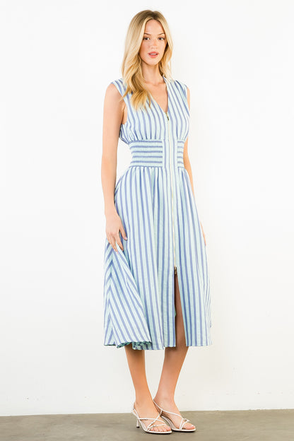 Sleeveless Vertical Stripes Zippered Dress - Blue