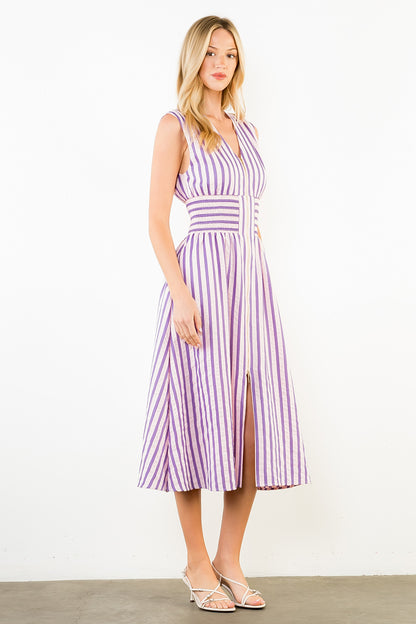 Sleeveless Vertical Stripes Zippered Dress - Pink