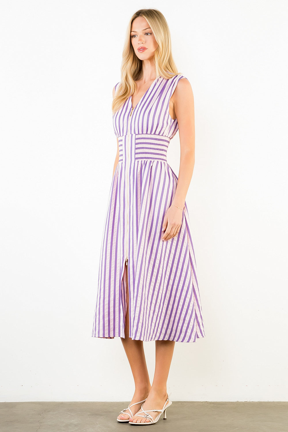 Sleeveless Vertical Stripes Zippered Dress - Pink