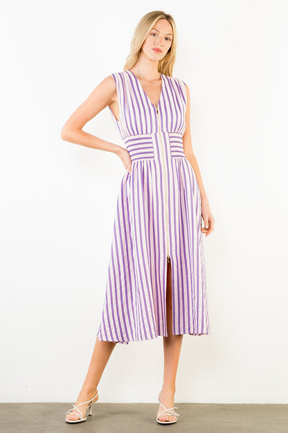 Sleeveless Vertical Stripes Zippered Dress - Pink