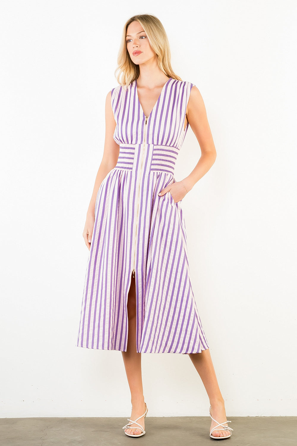 Sleeveless Vertical Stripes Zippered Dress - Pink