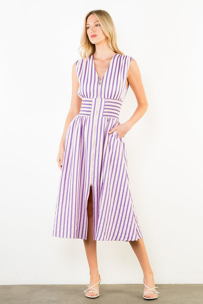 Sleeveless Vertical Stripes Zippered Dress - Pink