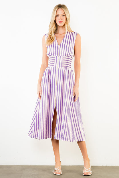 Sleeveless Vertical Stripes Zippered Dress - Pink