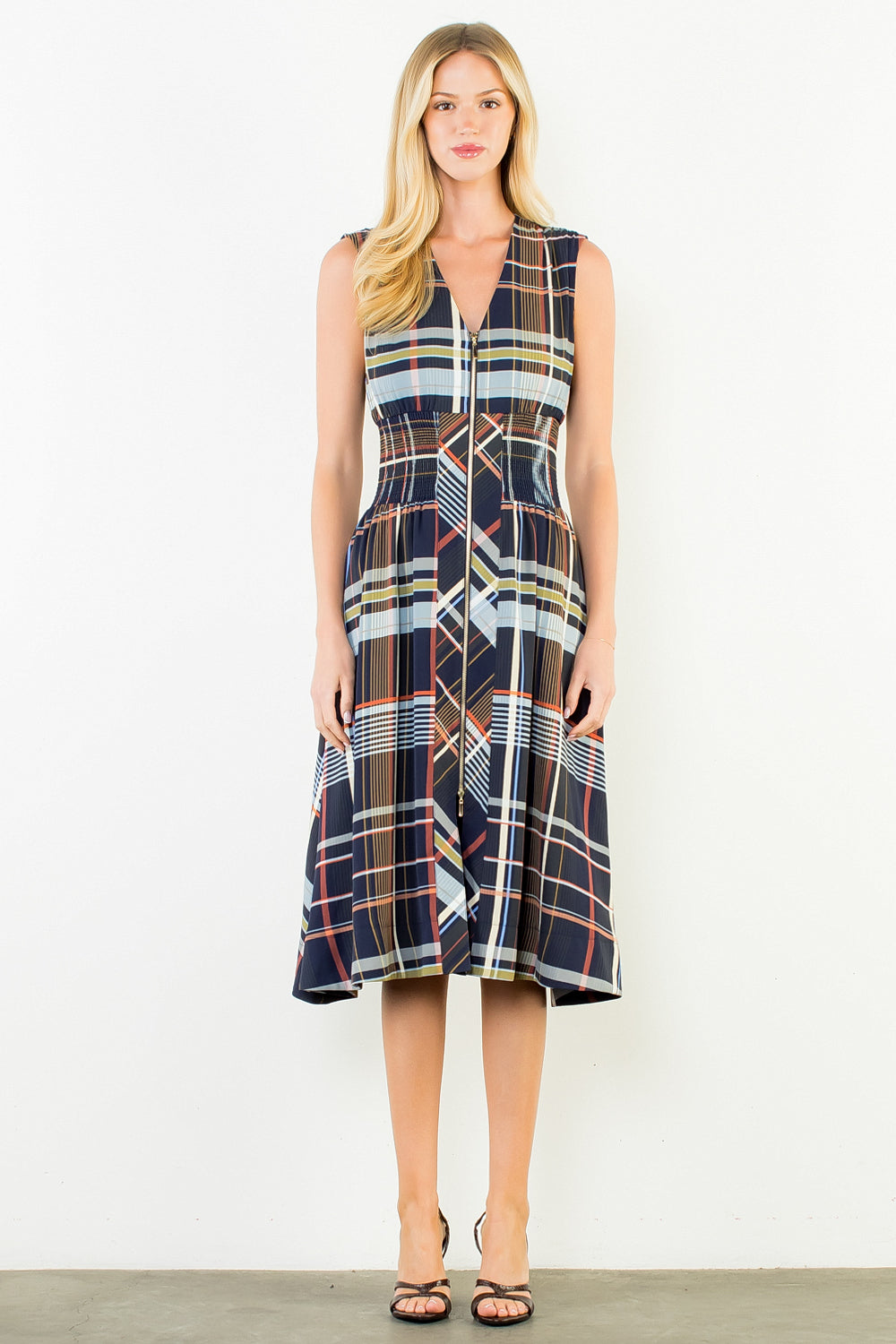 Plaid Sleeveless Midi Dress w/ Zipper Front - Navy