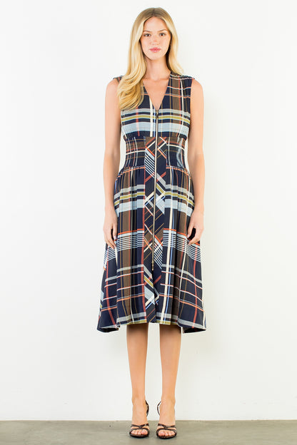 Plaid Sleeveless Midi Dress w/ Zipper Front - Navy