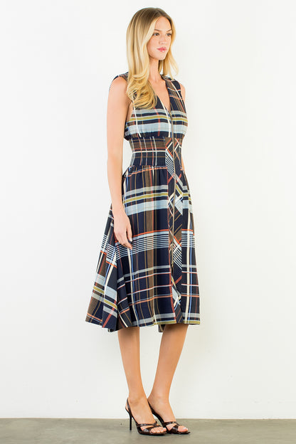 Plaid Sleeveless Midi Dress w/ Zipper Front - Navy