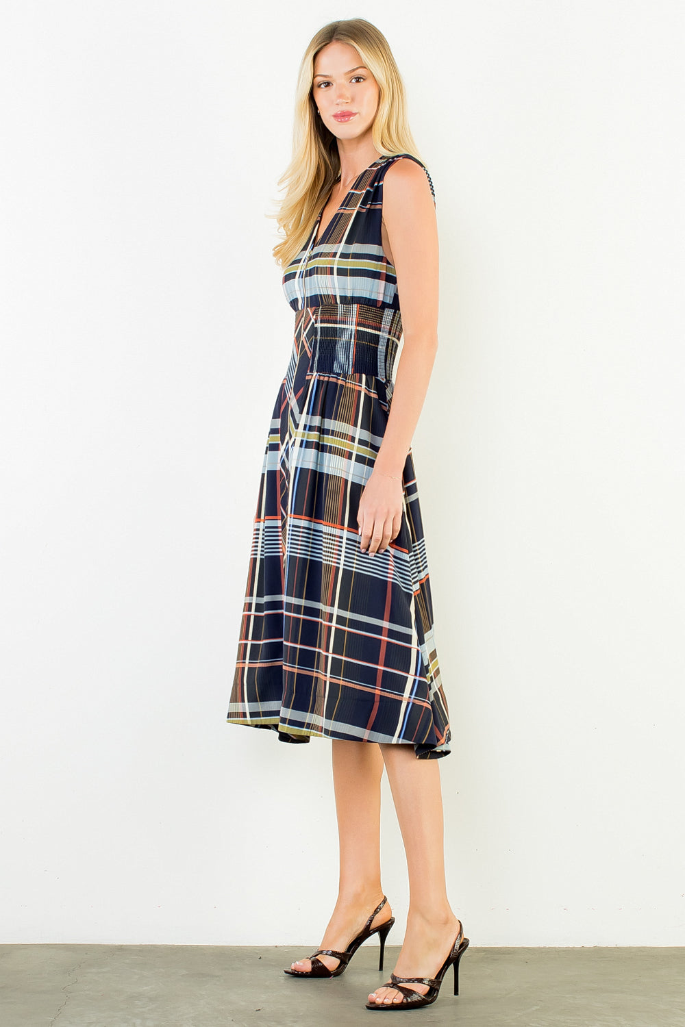 Plaid Sleeveless Midi Dress w/ Zipper Front - Navy