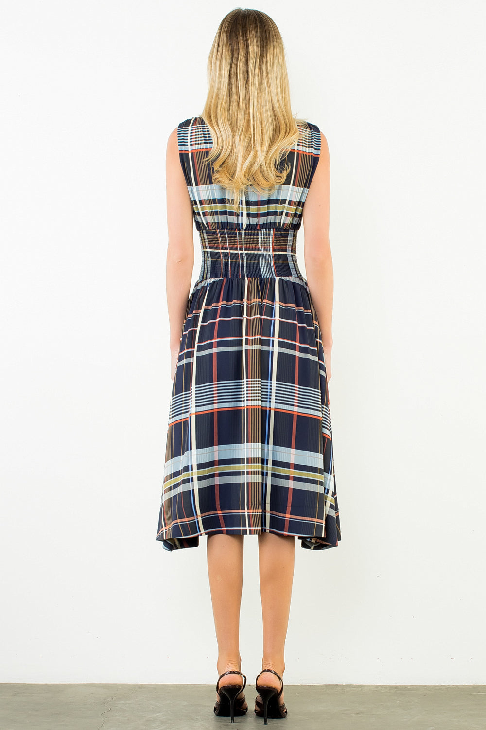 Plaid Sleeveless Midi Dress w/ Zipper Front - Navy