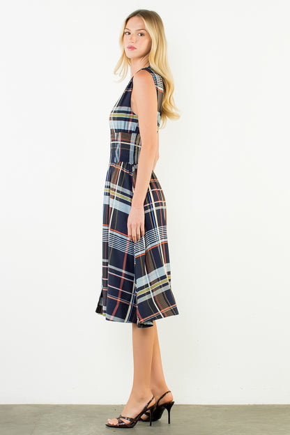 Plaid Sleeveless Midi Dress w/ Zipper Front - Navy
