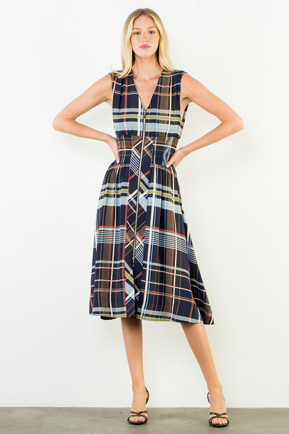 Plaid Sleeveless Midi Dress w/ Zipper Front - Navy