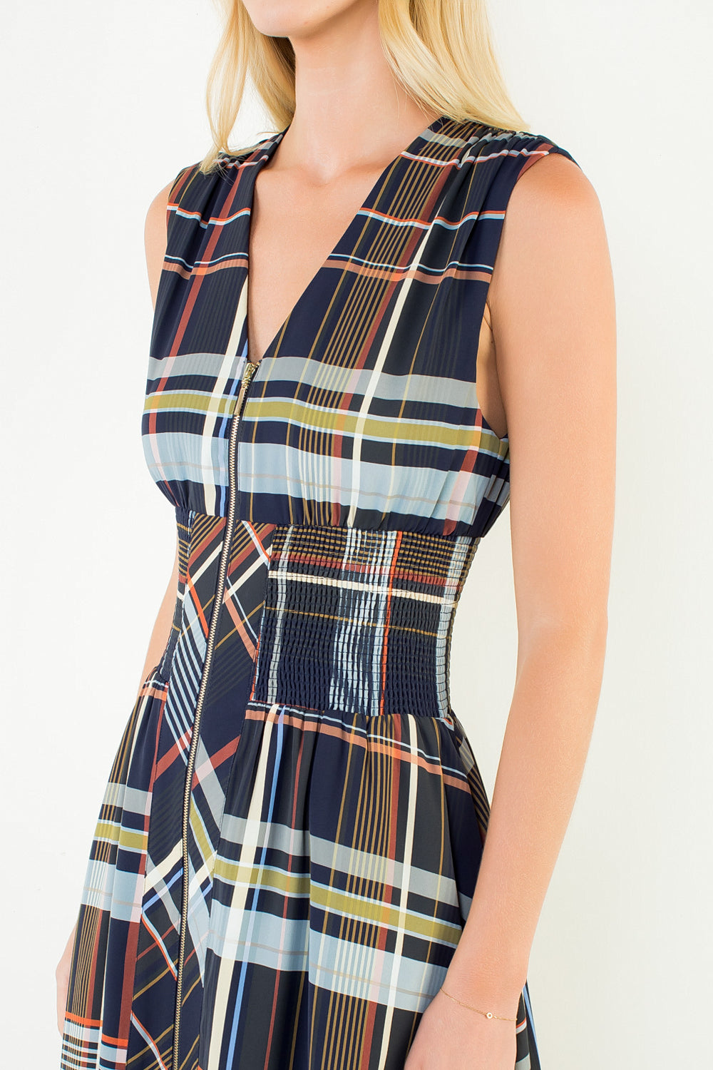 Plaid Sleeveless Midi Dress w/ Zipper Front - Navy