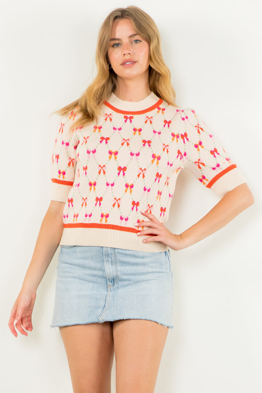 THML - Short Sleeve Ribbon Pattern Knit Top - Cream