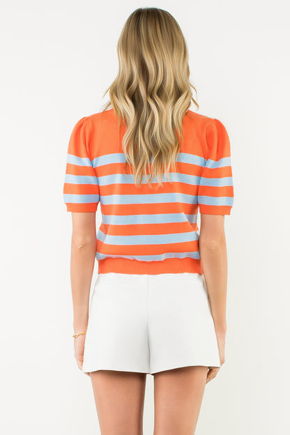 Short Sleeve Striped Knit Top - Orange