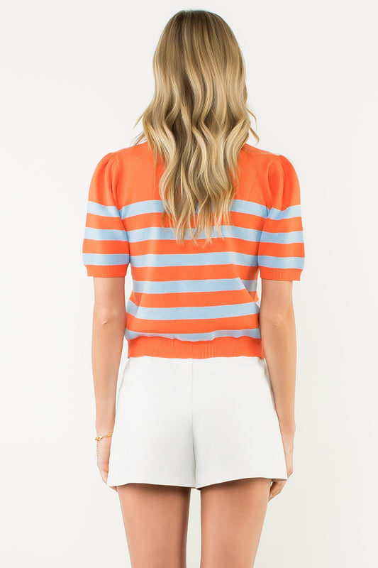 Short Sleeve Striped Knit Top - Orange