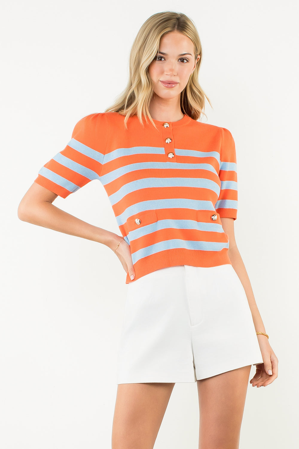 Short Sleeve Striped Knit Top - Orange