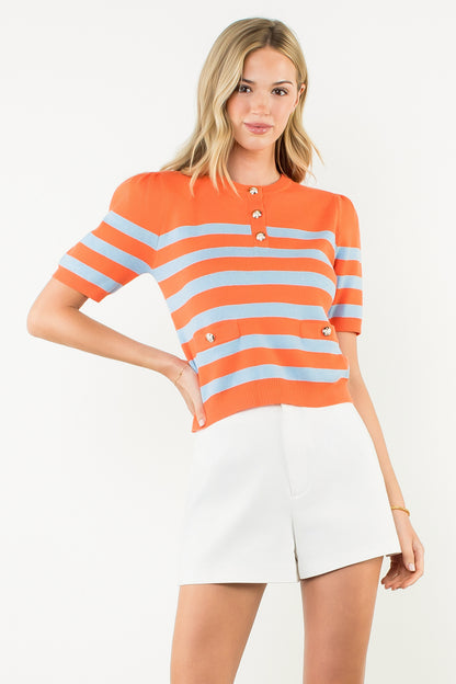 Short Sleeve Striped Knit Top - Orange