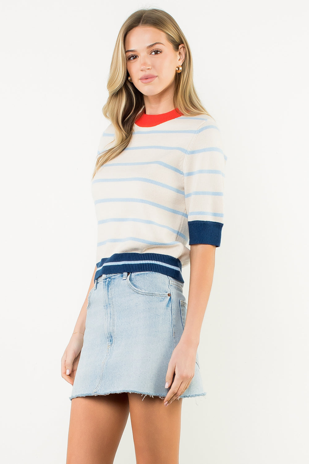 Short Sleeve Striped Knit Top - Cream