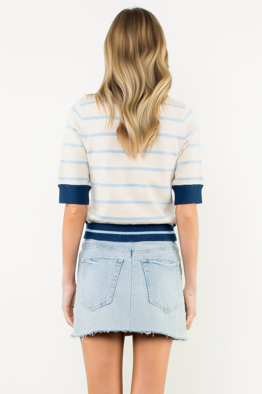 Short Sleeve Striped Knit Top - Cream