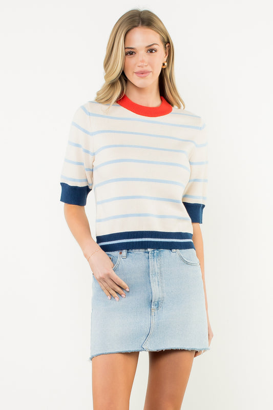 Short Sleeve Striped Knit Top - Cream