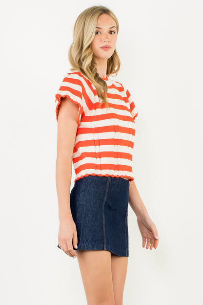 Short Sleeve Striped Knit Top - Orange